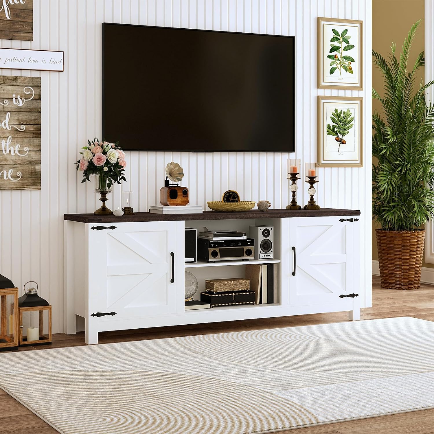 EROMMY Farmhouse 66' TV Stand, TV Console with Adjustable Shelves & Storage Cabinets for 75 Inch TV, Modern TV Stand for Living Room, Entertainment Center