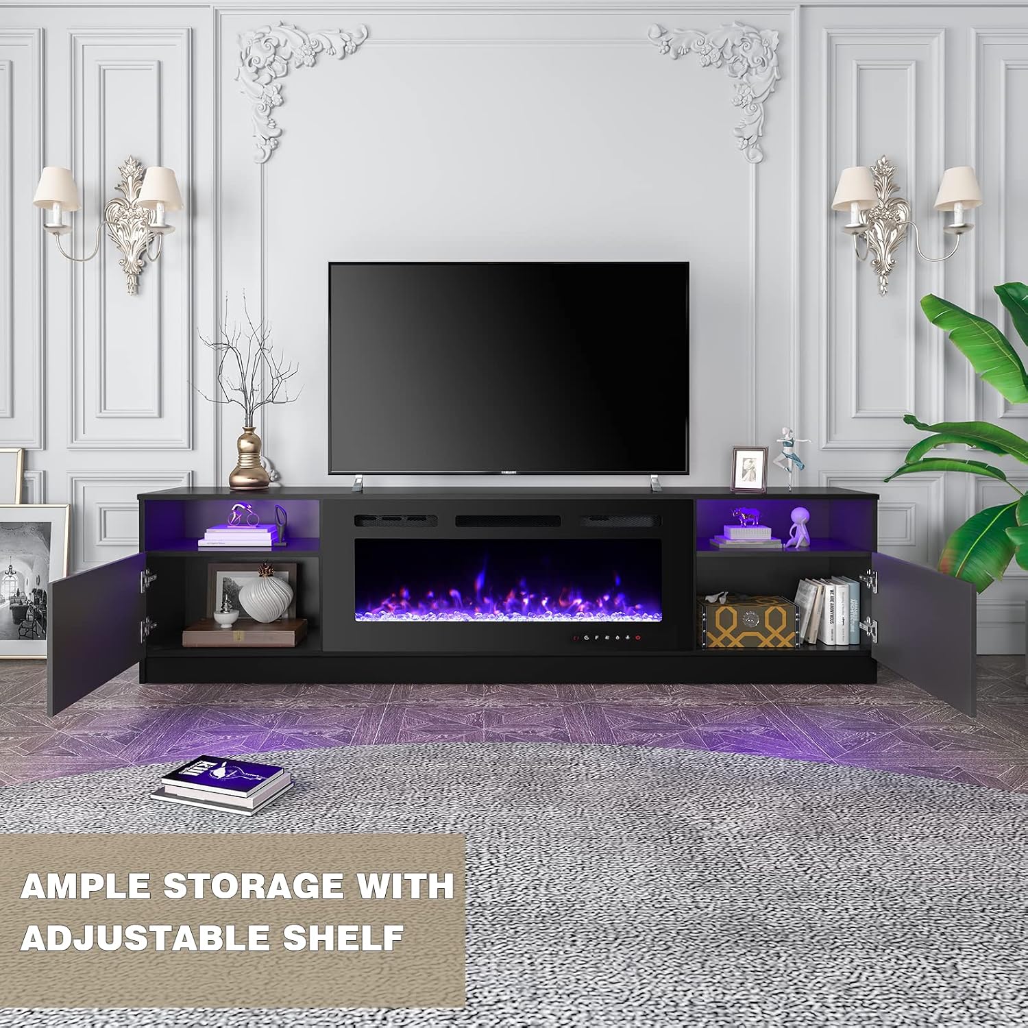 EROMMY 80'' Fireplace TV Stand with 40'' Electric Fireplace, Entertainment Center with 16 Color Led Lights and 12 Flame Fireplace Insert Heater, TV Console for TVs up to 90'' for Living Room, Black