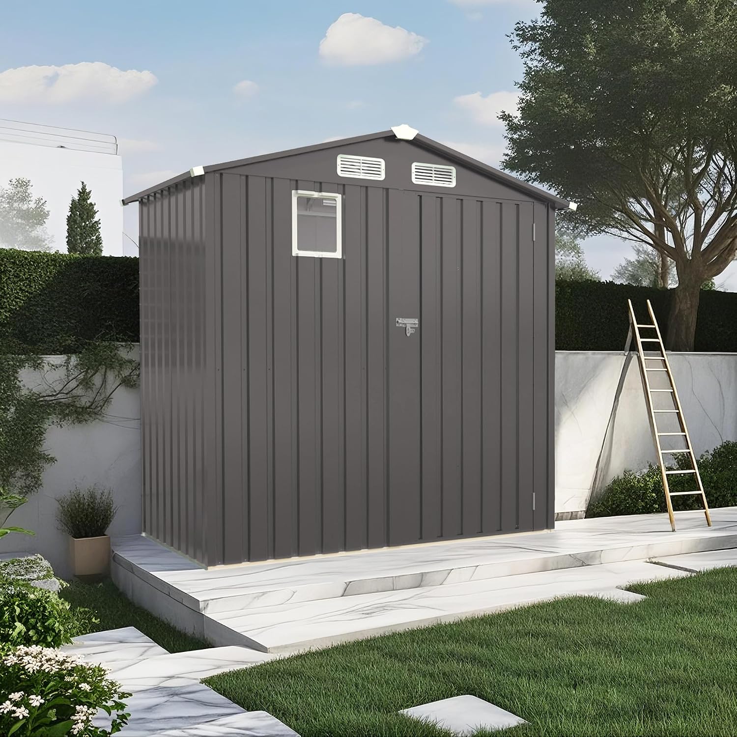 KEIKI 6x4 FT Outdoor Metal Storage Shed with Window and Lockable Door,Peaked Roof for Patio Backyard Garden