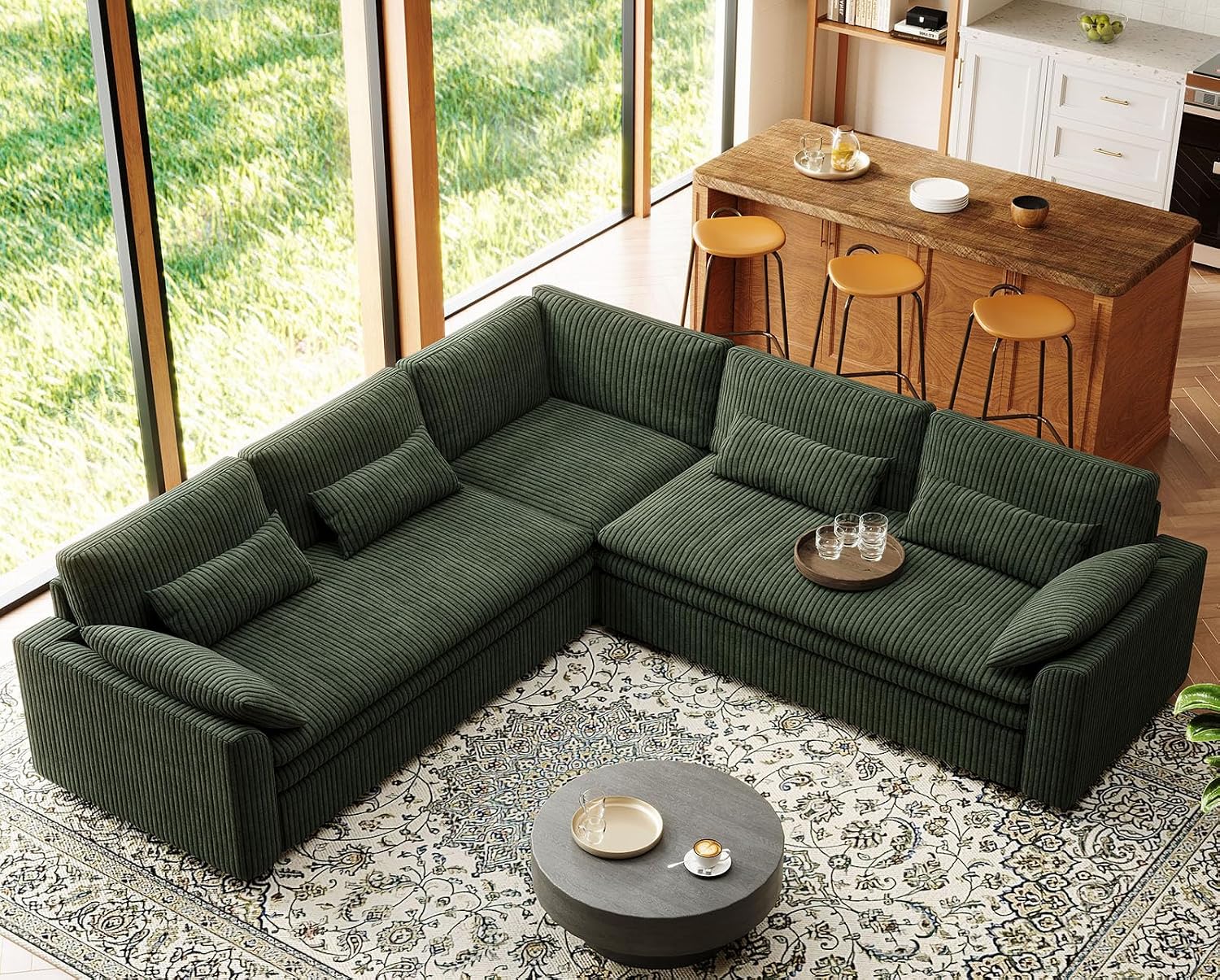 Belffin Large Modular Sectional Sofa with Double 61' Loveseat, Corduroy Corner Couch with 9' Soft Dual-Layer Seats Cushion for Living Room, Apartment, Small Sapce, Green