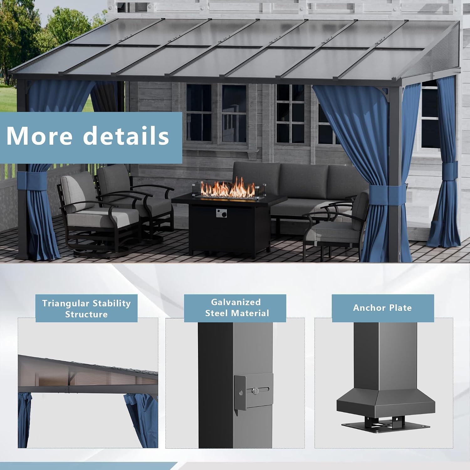 ALAULM 10'x 14' Outdoor Hardtop Pergola,Wall Mounted Lean to Gazebo with Curtains and Netting,Galvanized Metal Frame,Sunshade for Patio, Backyard, Deck and Lawns-Dark Blue