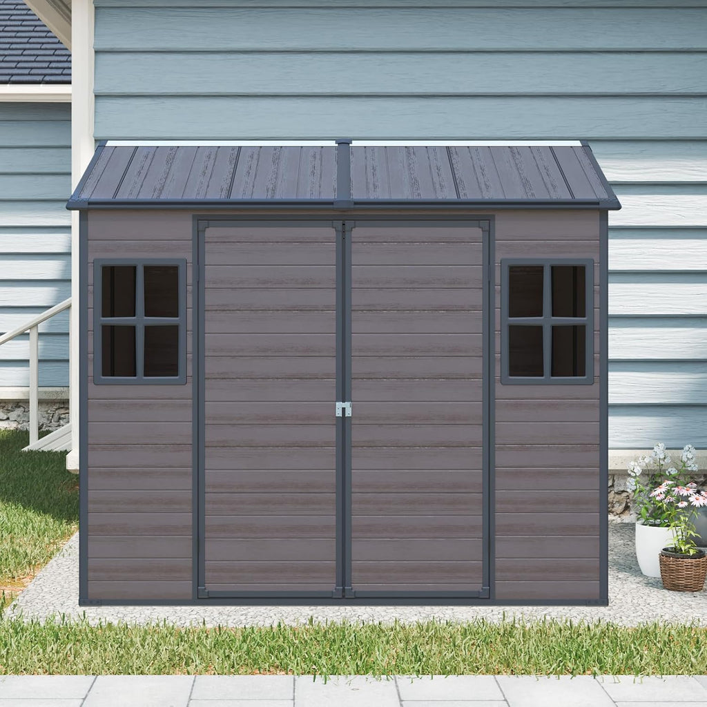 8x6 ft Outdoor Resin Storage Shed with Floor, Waterproof Plastic Garden Shed with Lockable Door and Two Windows, All-Weather Tool Sheds for Backyard, Patio, Lawn (Brown)
