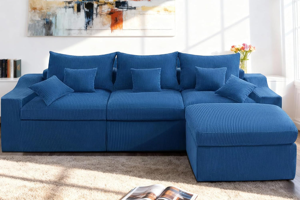 HABUTWAY 104' L Shaped Cloud Sectional Couch, Boneless Modular Sectional Sofa with Deep Seat, Corduroy Couches for Living Room, Modular Couch, No Assembly Required (Blue)