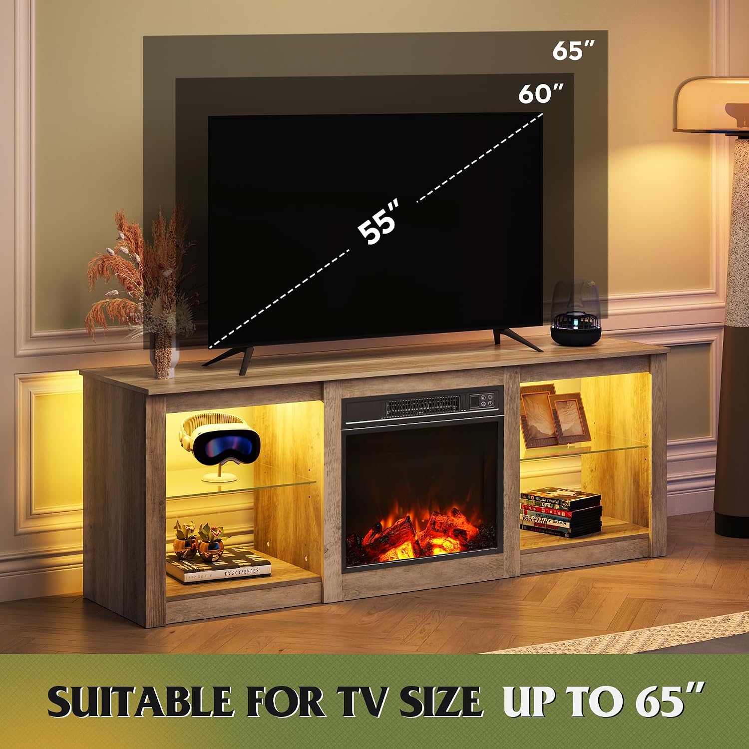 WLIVE 58 Inches Fireplace TV Stand with LED Lights, Modern Entertainment Center with 18'' Electric Fireplace & Adjustable Glass Shelves, Sturdy Media Console for Living Room, Bedroom (Grey Oak)