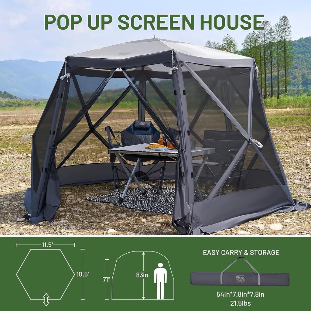 Timber Ridge Easy Pop Up Gazebo Canopy Tent for Camping, 11.5 X 9.8 Ft Portable Instant Screenhouse, Pop Up Screened in Canopy with Netting for Backyard, Patio, Outdoor, Tailgating, Picnics, Grey