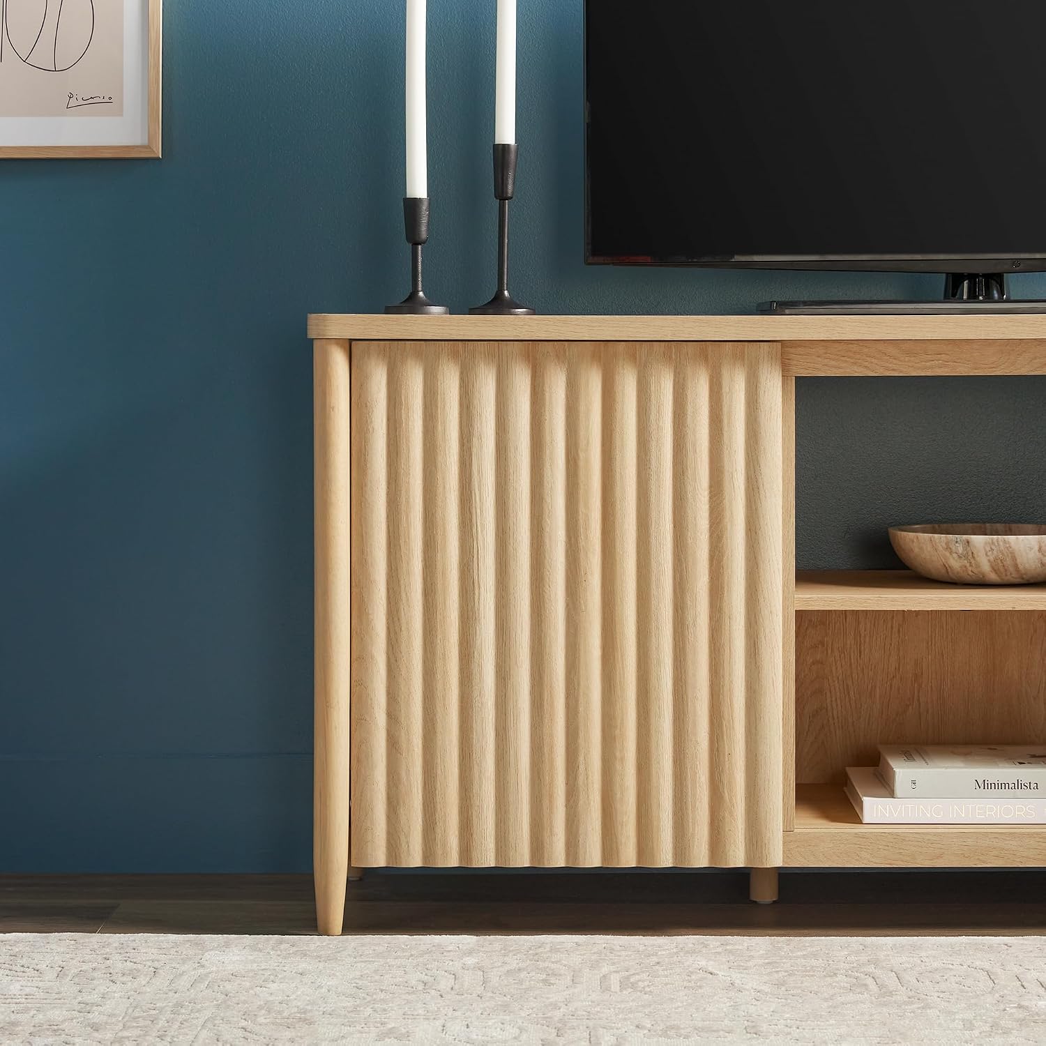 Walker Edison Scandinavian Reeded TV Stand with Storage for up to 70' TV Coastal Oak