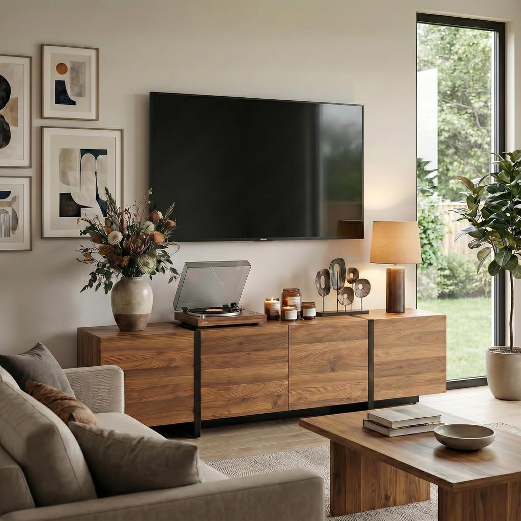 holzart 67 Inch TV Stand for TVs up to 70 Inch, Mid Century Modern Wood Media Console with 4 Storage Doors, Entertainment Center TV Cabinet Sideboard for Living Room Bedroom, Walnut Brown