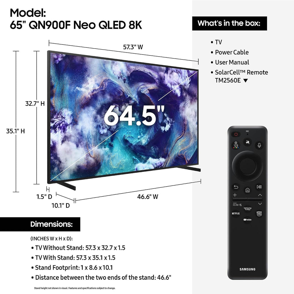 Samsung (Refurbished) 65-Inch Class Neo QLED 8K QN900F Series, Vision AI, Mini LED Smart TV (2025 Model, 65QN900F) Neo Quantum HDR 8K Pro, Object Tracking Sound + w/Dolby Atmos, Glare Free (Renewed)