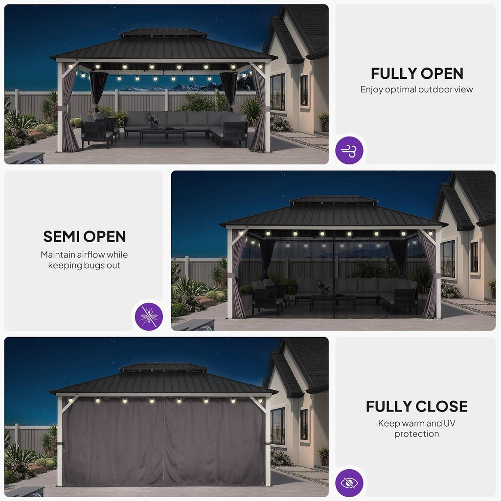 PURPLE LEAF 12' X 16' Outdoor Gazebo Galvanized Steel Double Roof White Aluminum Frame Hardtop Heavy Duty Gazebo with Curtain and Netting for Patio Garden and Backyard, Grey