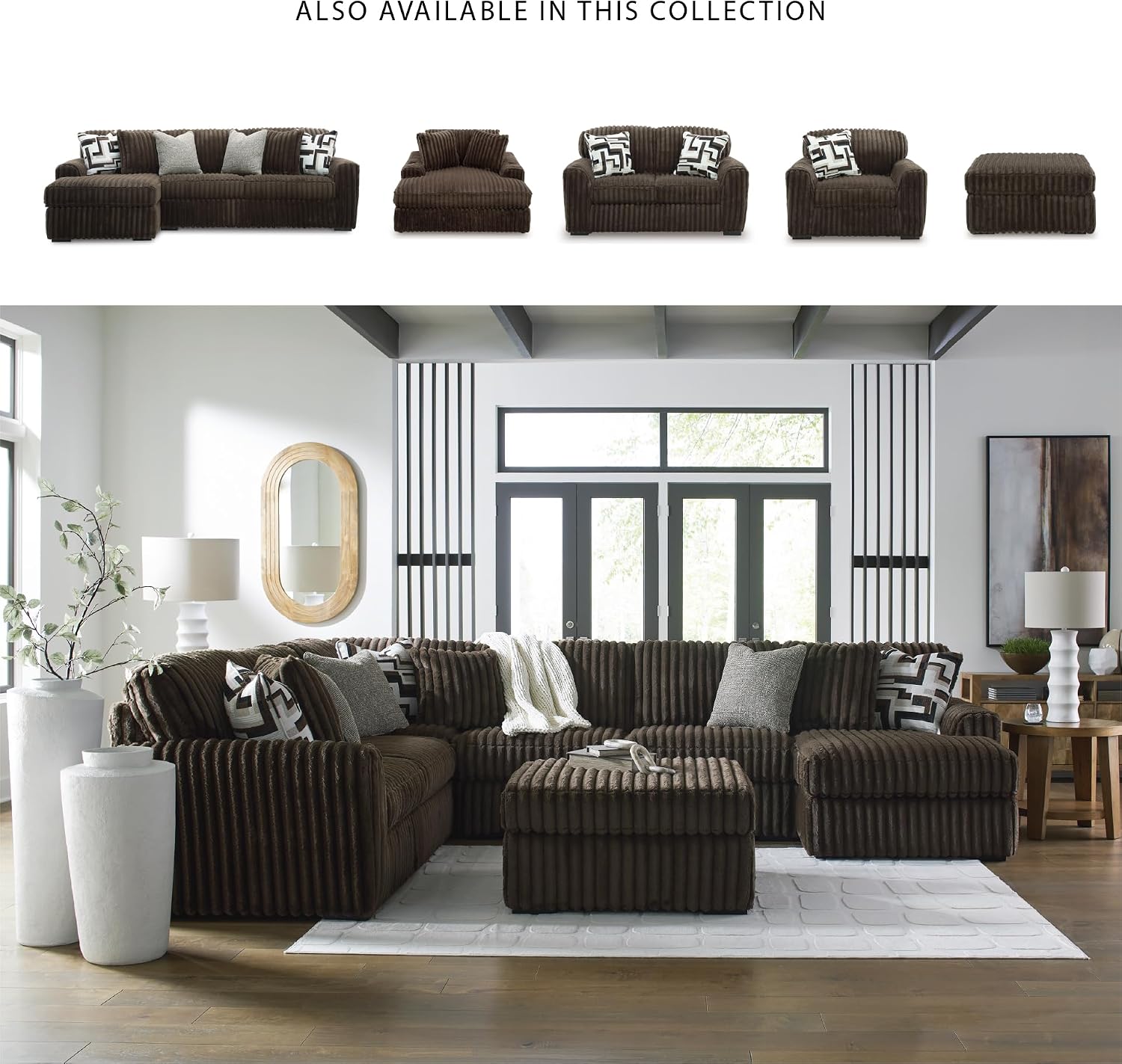 Signature Design by Ashley Midnight-Madness Contemporary Oversized Chaise with Reversible Cushions, USB Ports and Cup Holders, Dark Brown