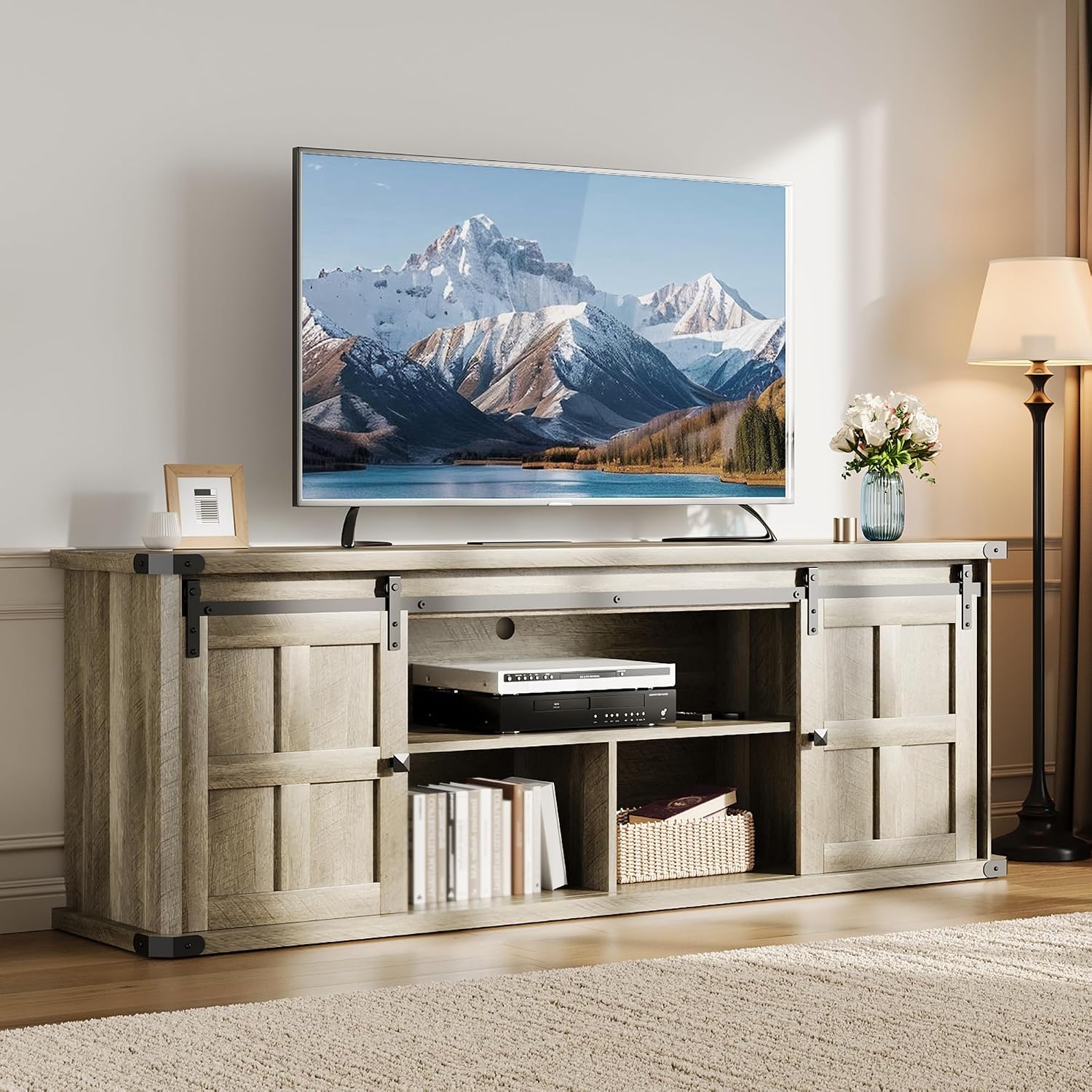 IDEALHOUSE Farmhouse TV Stand for 75 Inch TV, Entertainment Center with Storage Cabinets and Sliding Barn Doors, Media TV Console Table for Living Room Bedroom