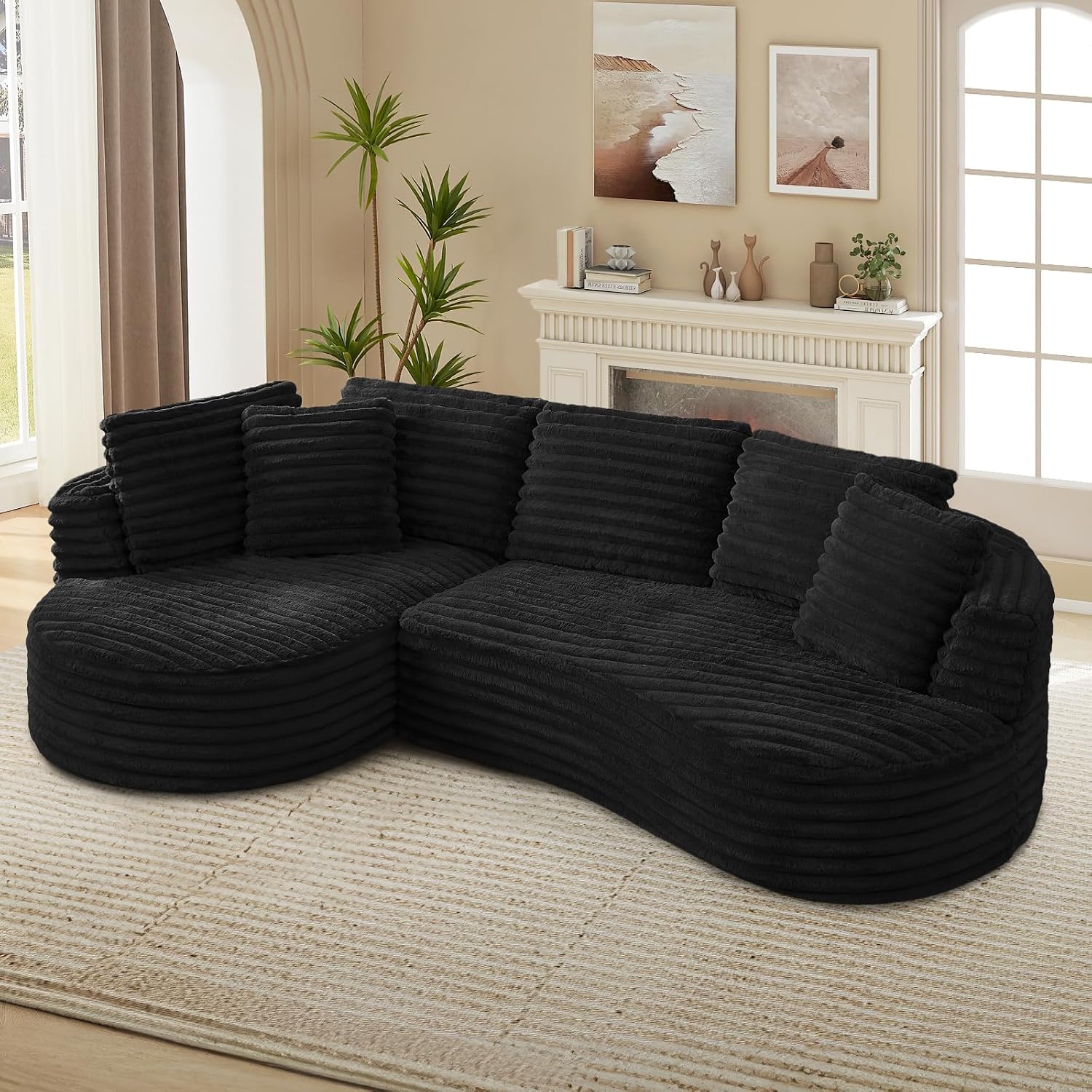120'W Oversized Modern Curved Cloud Couch,Corduroy Modular Sectional Sofa with Chaise, L Shaped Boneless Couch, Compression Foam Sofa for Living Room Bedroom, No Assembly Required(Left Facing, Black)