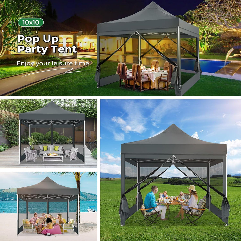 COBIZI 10x10 Heavy Duty Pop Up Canopy Tent with 4 Sidewalls, Easy Set Up Outdoor Waterproof Screen Commercial Party Tent with Mosquito Netting for Parties Backyard Patio, Carry Bag, Gray