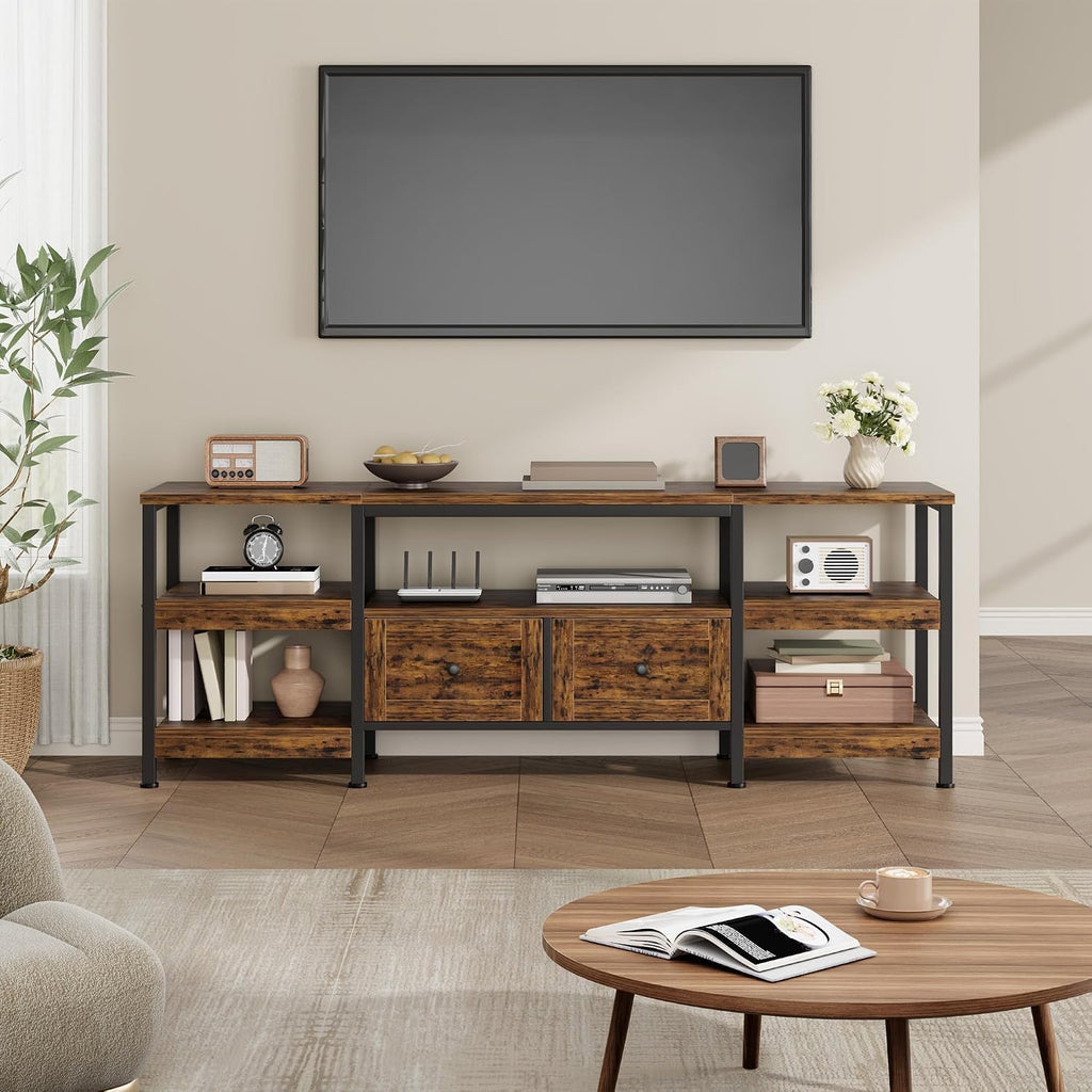GarveeHome Rustic 63' TV Stand for TVs Up to 65', Industrial Media Console with 2 Drawers and Open Storage Shelves, Sturdy Metal Frame Entertainment Center, Brown