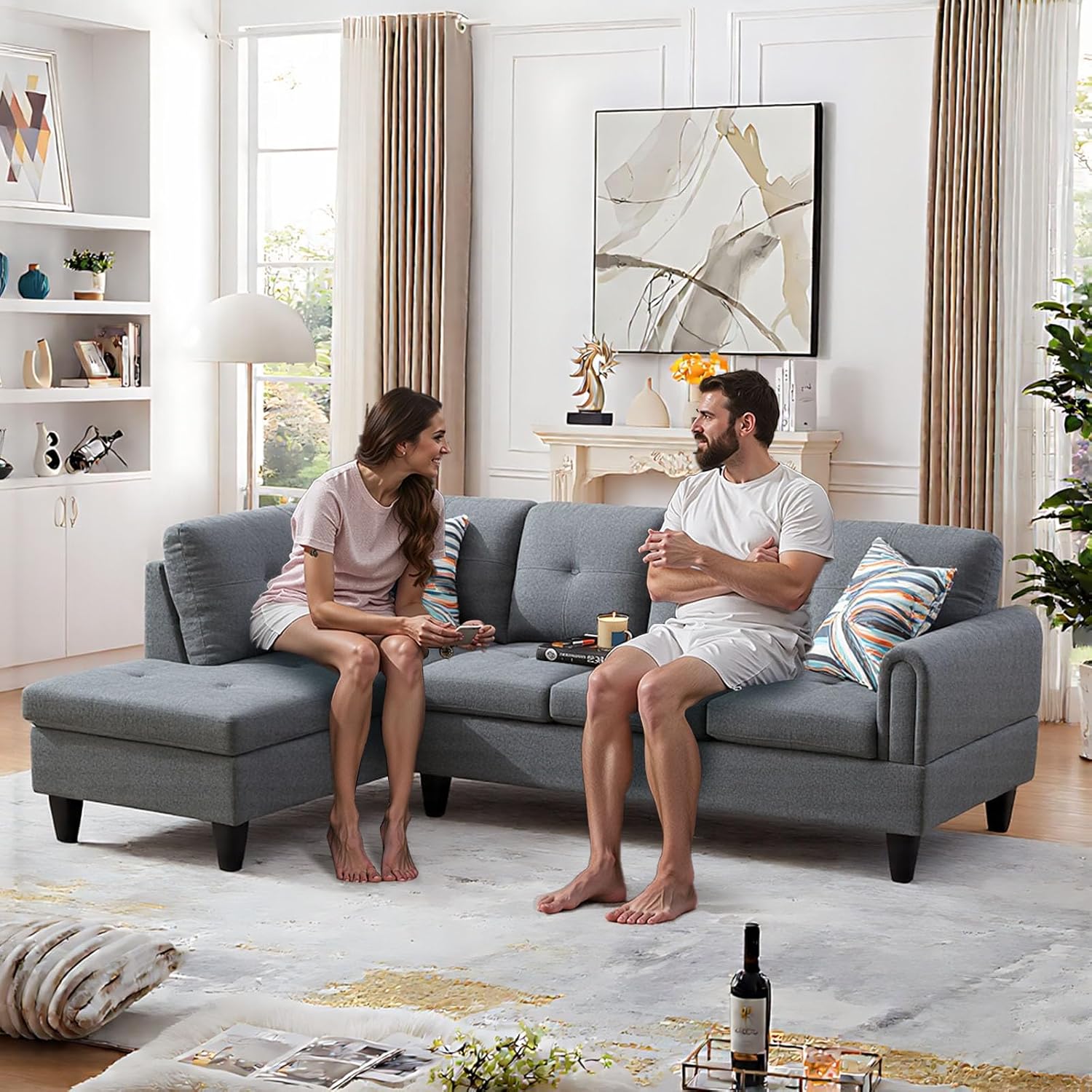 L Shaped Couch Sectional Couches with Chaise, Fluffy Fabric 3 Pieces Modular Convertible Sofa for Living Room Furniture Sets and Small Apartment, Dark Gre