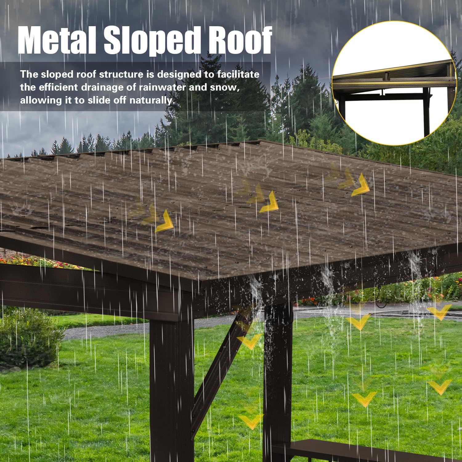 Domi 6.5x12FT Hardtop Grill Gazebo, Outdoor BBQ Gazebo with Galvanized Steel Sloping Roof, Metal Permanent Sun Shade Grill Canopy Shelter with 2 Side Shelves and Ceiling Hooks for Patio Yard, Brown