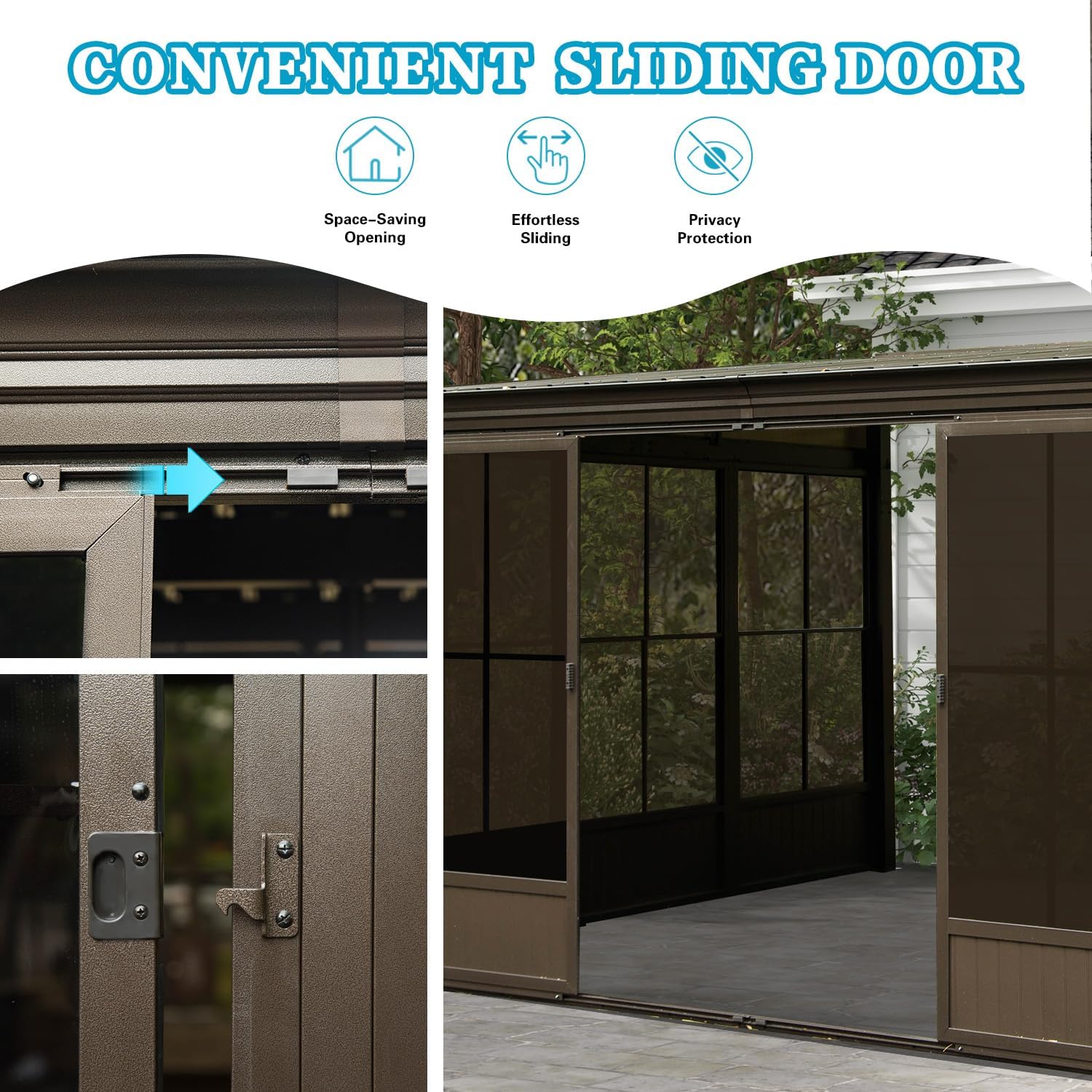 Domi 10x12FT Wall-Mounted Sunroom Gazebo, Aluminum Solarium with Galvanized Steel Sloping Roof, Detachable PVC Screens, Front & Side Sliding Doors, Outdoor Sun Room Lean to Gazebo for Patio Deck Lawn