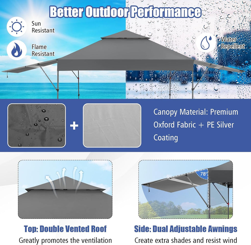 HAPPYGRILL Pop Up Canopy with Dual Awnings 10x17.6 FT, Outdoor Gazebo Shelter with Portable Wheeled Carrying Bag, Easy Setup Instant Tent for Patio Camping Picnic (Grey)