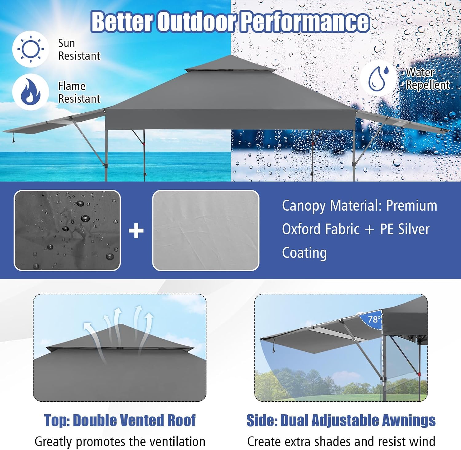 HAPPYGRILL Pop Up Canopy with Dual Awnings 10x17.6 FT, Outdoor Gazebo Shelter with Portable Wheeled Carrying Bag, Easy Setup Instant Tent for Patio Camping Picnic (Grey)