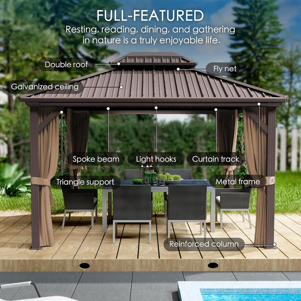 Kozyard Caesar 12'x16' Hardtop Gazebo - Permanent Metal Pavilion with Netting and Shaded Curtains for Patio, Backyard, and Deck - Galvanized Steel Outdoor Aluminum Canopy, Double Roof Gazebo (Brown)