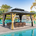 YOLENY 12'x14' Hardtop Wood Outdoor Gazebo, Polycarbonate Double Roof, Netting and Curtains, Patio Gazebo for Decks, Backyards, Lawns and Gardens
