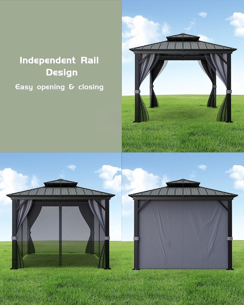KYBOLT 10x10 Ft Hardtop Gazebos with Heavy Duty Double Roof, Nettings and Curtains Galvanized Steel Outdoor Gazebos for Patio, Backyard, Deck, Lawn