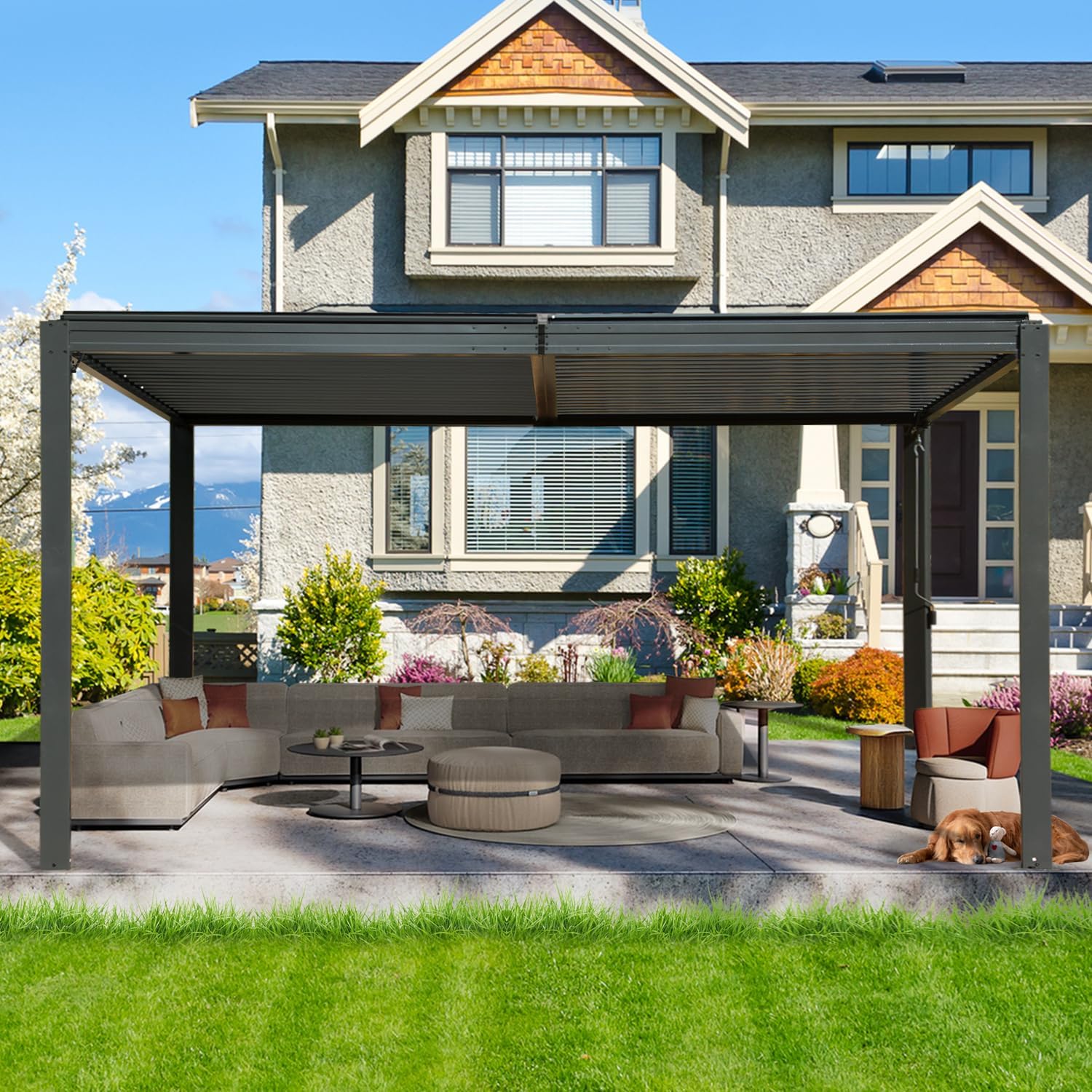 Domi Louvered Pergola 10×16 FT, Outdoor Aluminum Pergola with Adjustable Rainproof Roof and Drainage System, Metal Pergola Gazebo for Patio, Deck, Backyard, Grey
