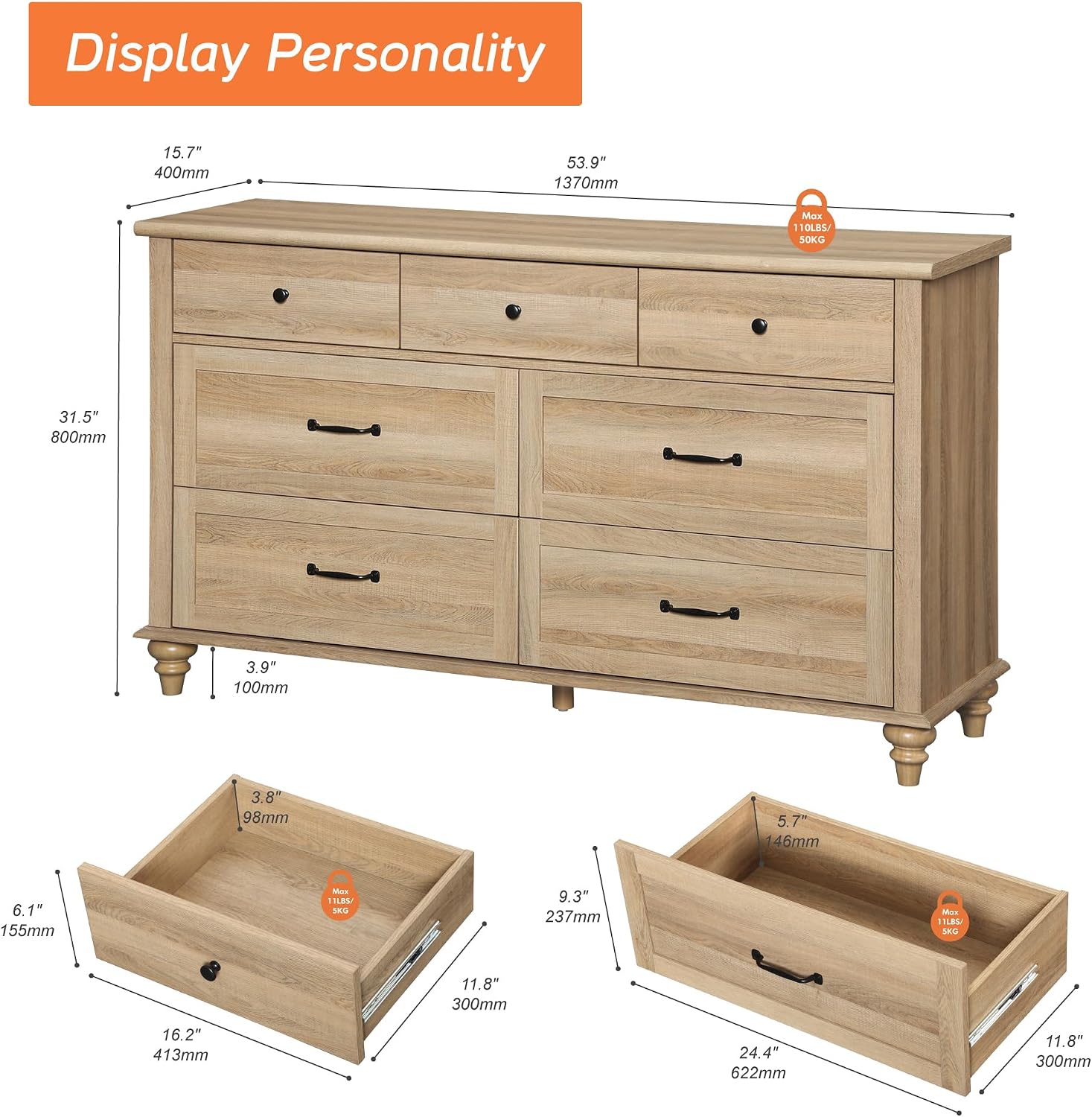 WAMPAT Dresser TV Stand for 65 Inch TV, Farmhouse TV Console Table Entertainment Stand with 7 Drawers, Wooden Media Storage Dresser for Living Room Bedroom, Oak, 54 Inch
