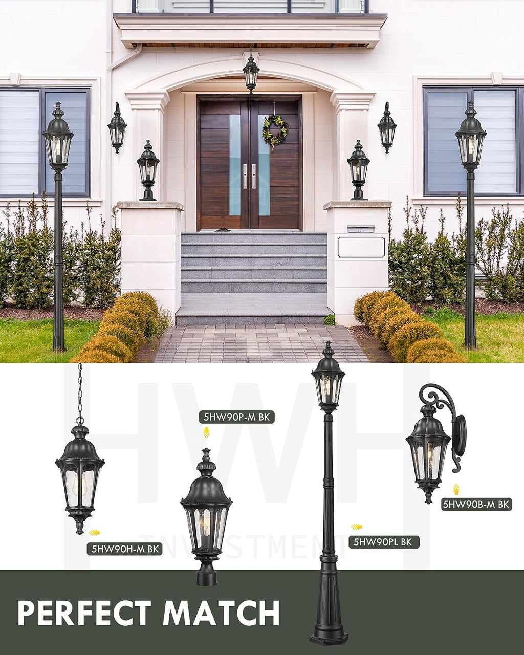 Outdoor Pendant Lights for Porch, HWH 20'' Large Outdoor Chandelier for Gazebo with Seeded Glass, Exterior Hanging Lantern Light Fixtures, Matte Black Finish, 5HW90H-M BK