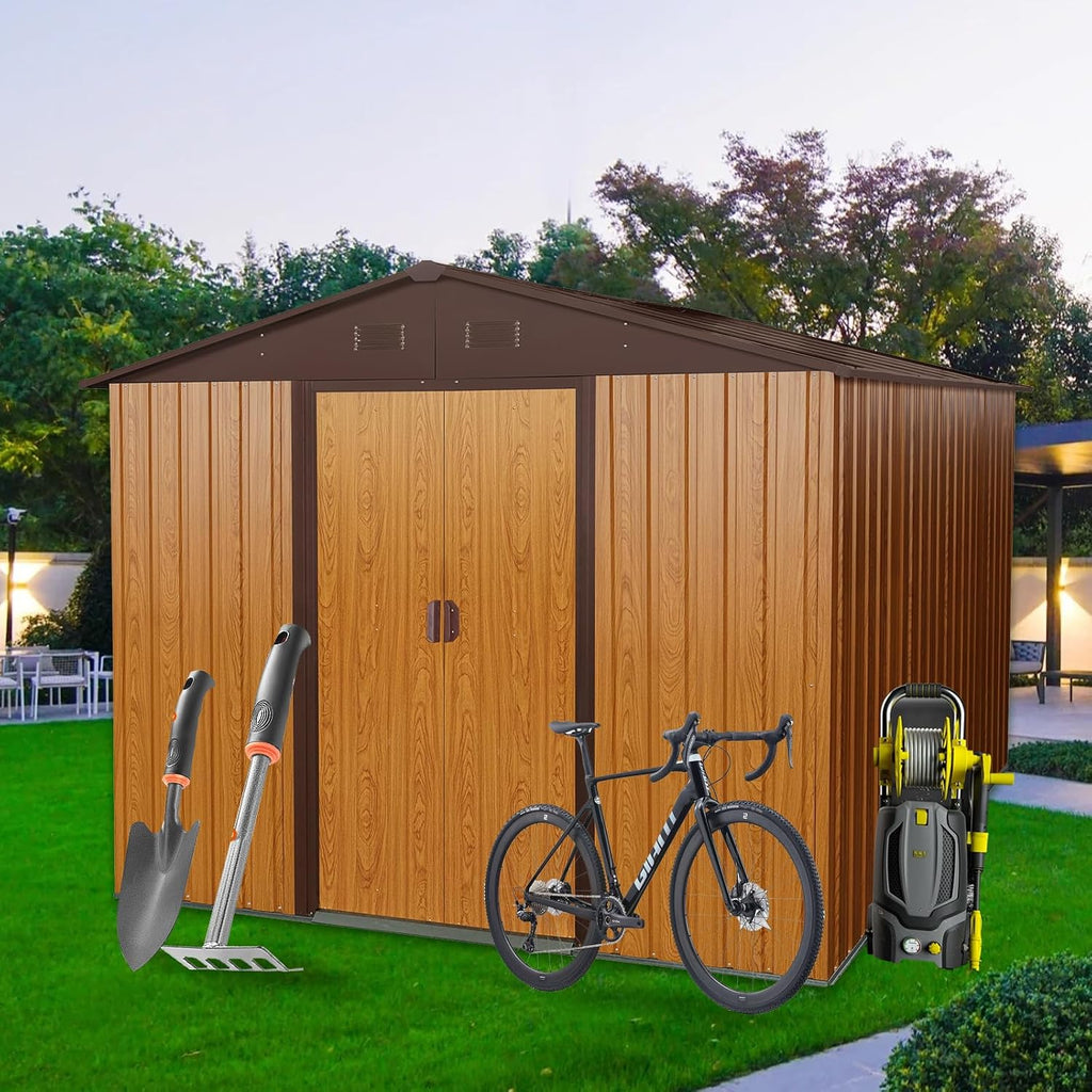 YOPTO 10×8 FT Outdoor Metal Storage Shed with Floor Base,Heavy Duty Garden Shed W/Integrated Punched Vents and Sliding Doors & Padlock,Large Waterproof Storage House for Backyard,Lawn,Coffee