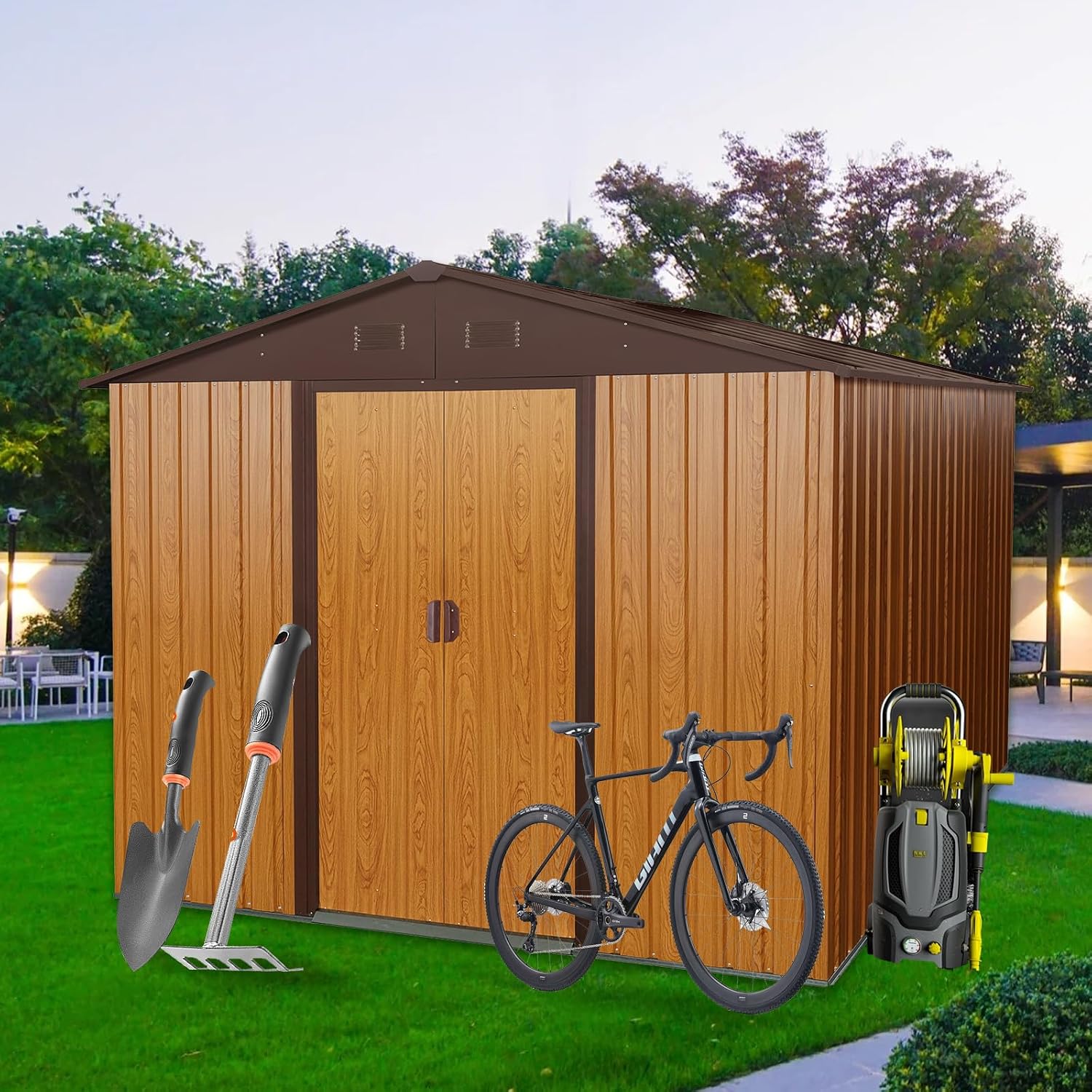 YOPTO 10×8 FT Outdoor Metal Storage Shed with Floor Base,Heavy Duty Garden Shed W/Integrated Punched Vents and Sliding Doors & Padlock,Large Waterproof Storage House for Backyard,Lawn,Coffee