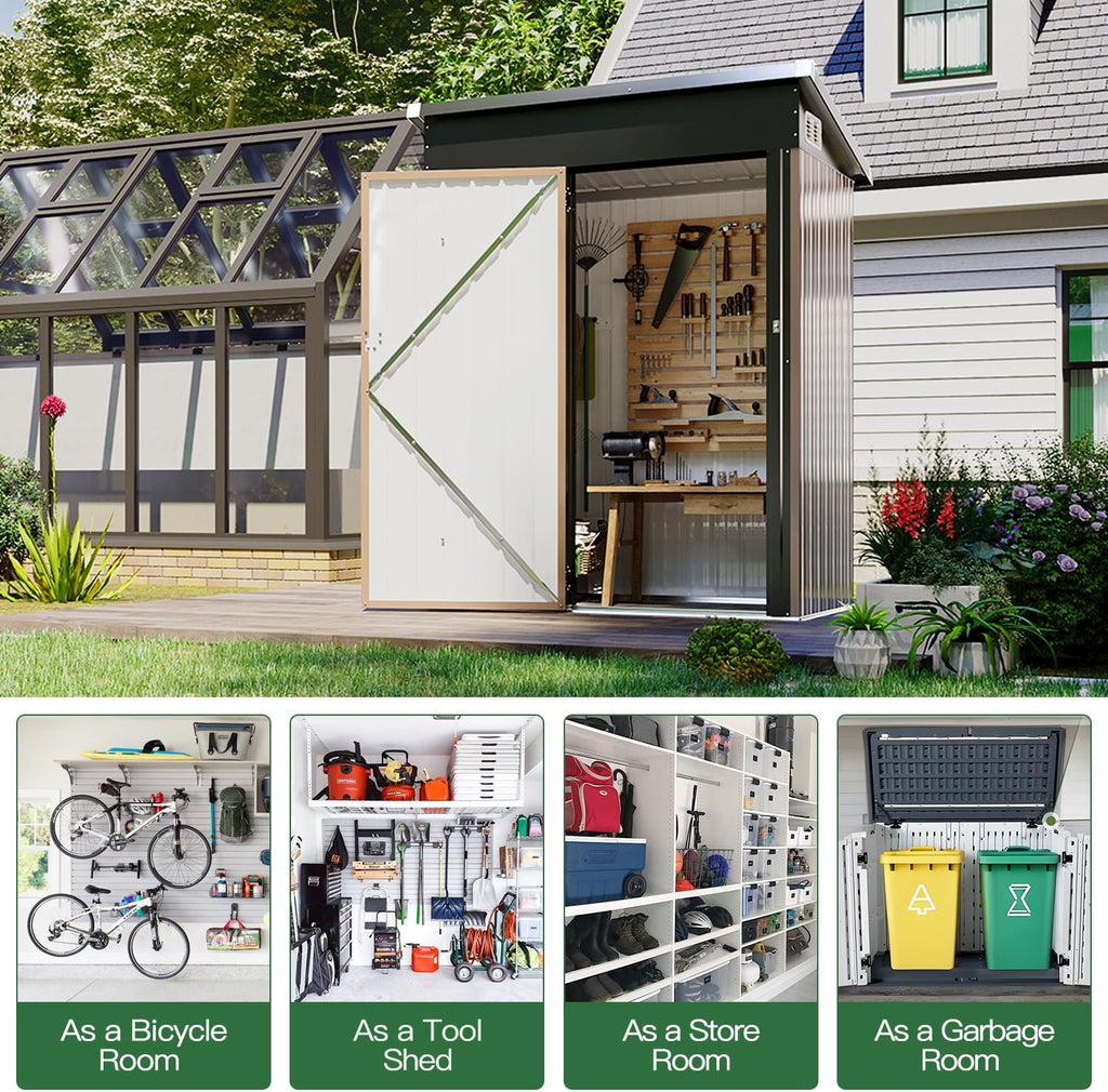 4.6 x 2.5 FT Outdoor Storage Shed – Metal Shed for Trash Can, Tools, Garden Equipment, and Bikes – Brown