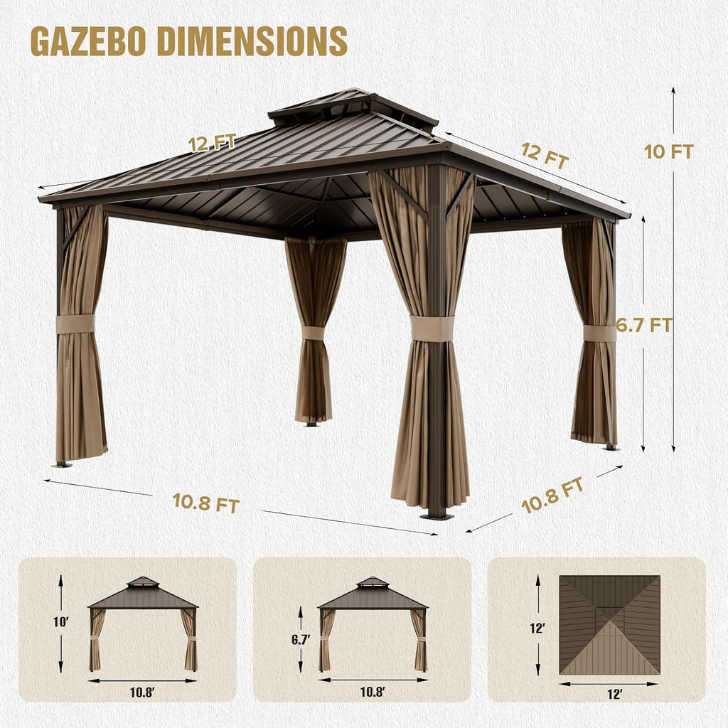 COOS BAY 12x12 Hardtop Gazebo with Aluminum Frame, Galvanized Steel Roof with UV Protection for Patio, Backyard, Garden, Outdoor Events, Dark Brown/Tan