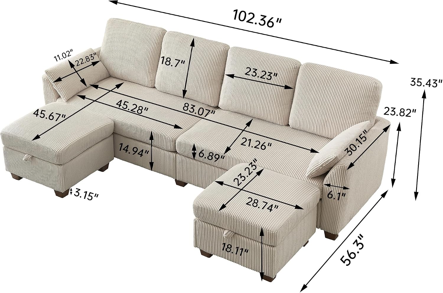 102' Convertible Sectional Sofa, 4-Seat U Shaped Couch with Storage Chaise Lounge, Modern Corduroy Fabric Sectional Couches for Living Room, Beige