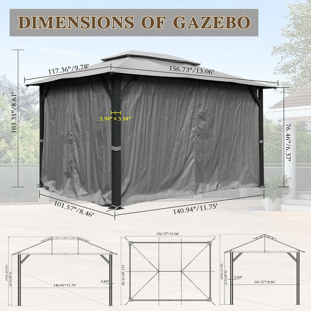 Domi 10'x13' Outdoor Gazebo for Patio, Soft Top Metal Gazebos with Double Roofs, Heavy Duty Party Tent with Mosquito Netting and Privacy Curtains for Backyard Garden Lawn Deck (Grey)
