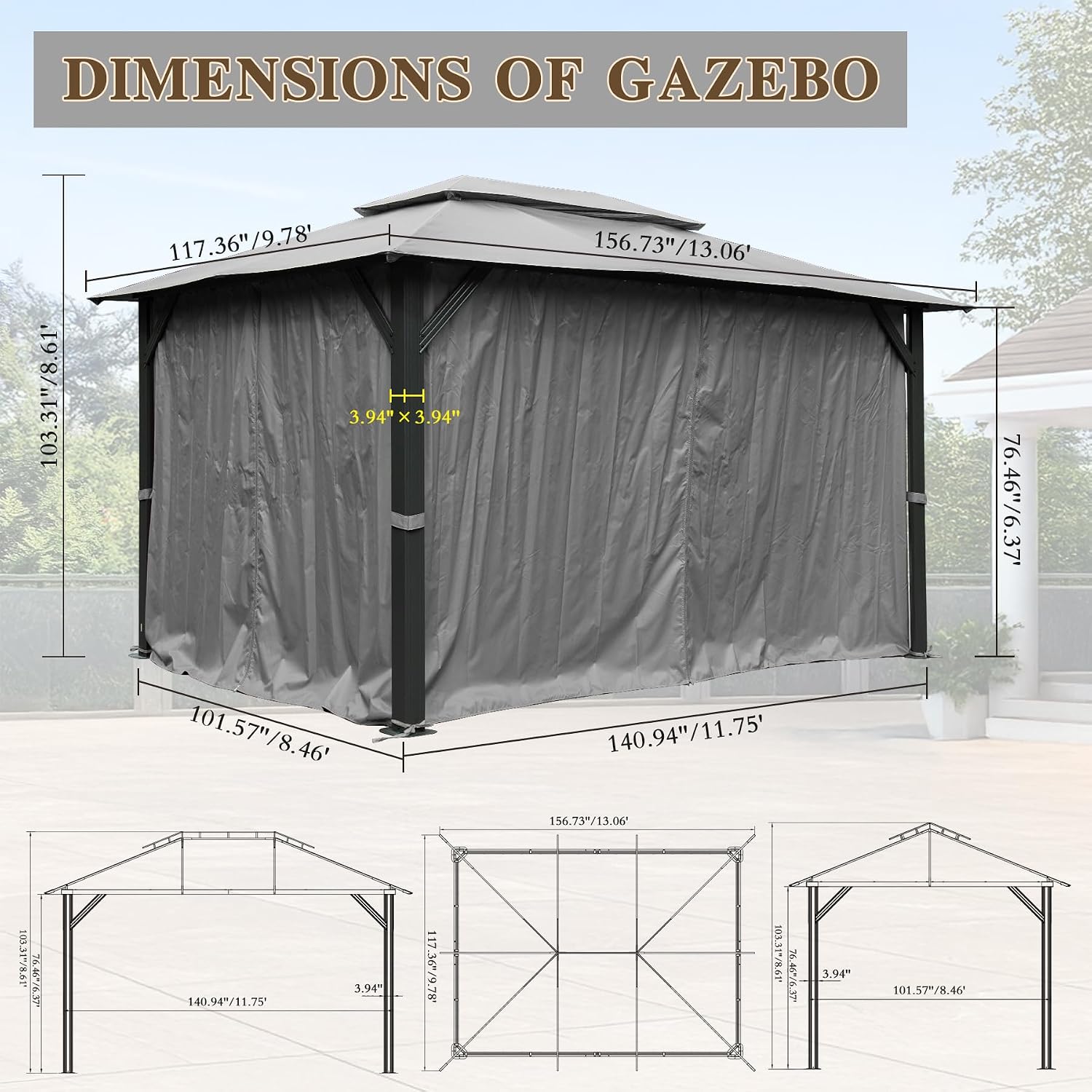 Domi 10'x13' Outdoor Gazebo for Patio, Soft Top Metal Gazebos with Double Roofs, Heavy Duty Party Tent with Mosquito Netting and Privacy Curtains for Backyard Garden Lawn Deck (Grey)