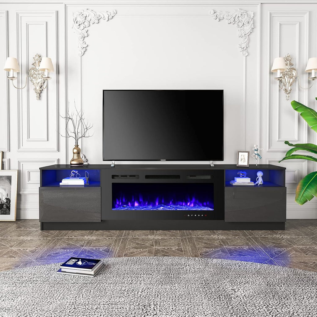 EROMMY 80'' Fireplace TV Stand with 40'' Electric Fireplace, Entertainment Center with 16 Color Led Lights and 12 Flame Fireplace Insert Heater, TV Console for TVs up to 90'' for Living Room, Black
