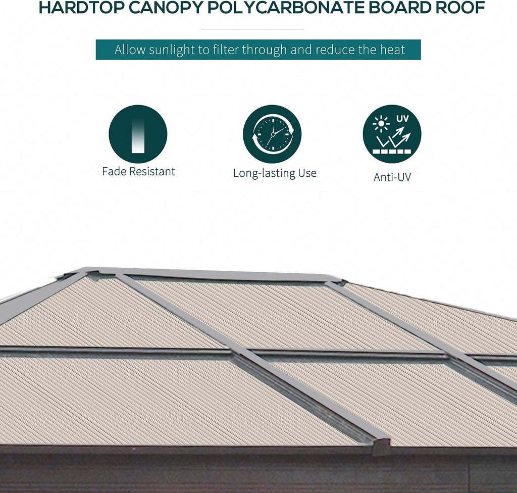 Outsunny 10' x 12' Hardtop Gazebo Canopy with Polycarbonate Roof, Aluminum Frame, Permanent Pavilion Outdoor Gazebo with Netting, for Patio, Garden, Backyard, Deck, Lawn, Black, Beige