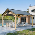 13x15 Hardtop Gazebo, Galvanized Steel Gable Roof Exposed Beam A-Frame Outdoor Pavilion with Cedar Wood Frame, Patio Gazebo for Deck, Garden, Lawn, Natural Wood/Black