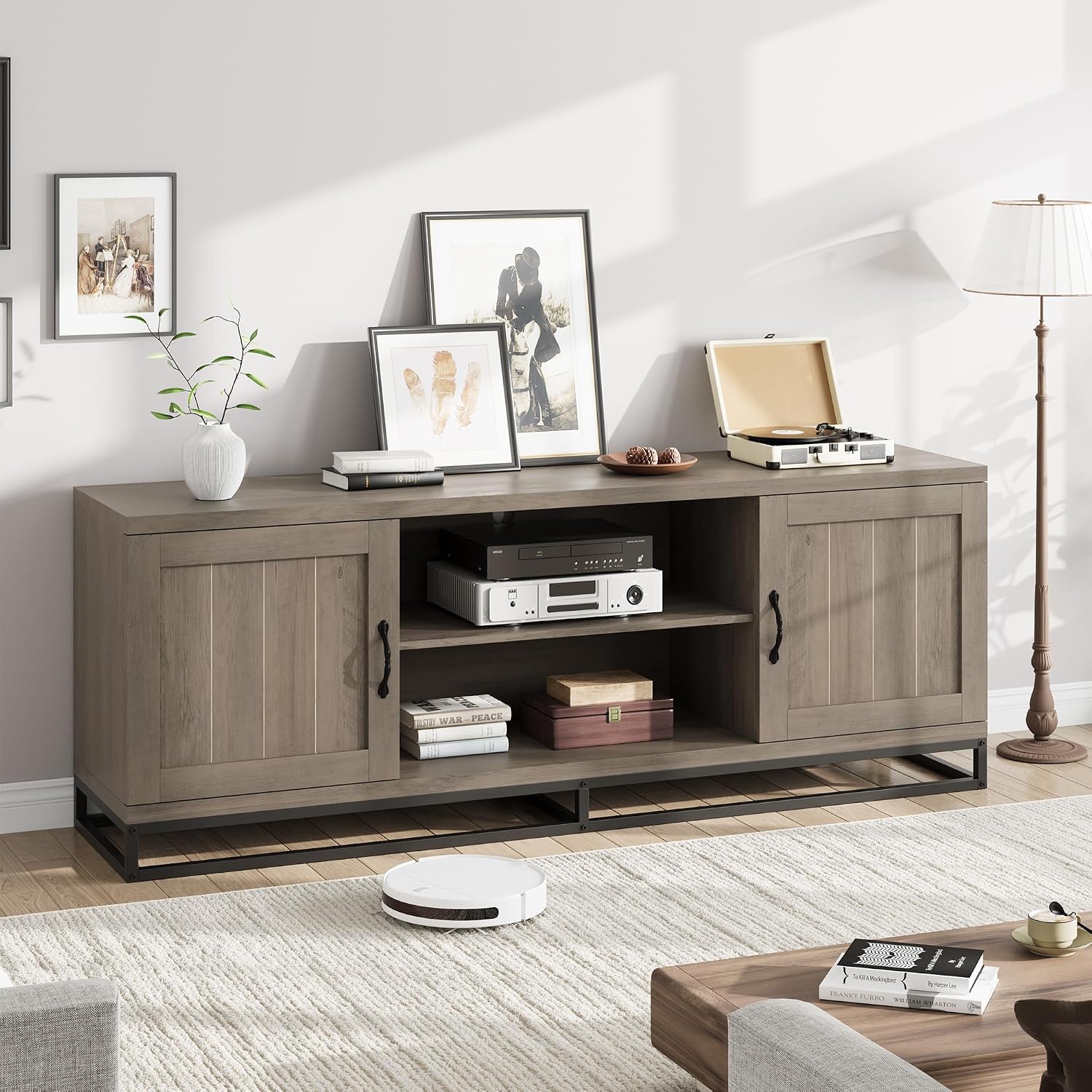 IDEALHOUSE Farmhouse TV Stand for Living Room, Entertainment Center with 2-Tier Adjustable Shelves & Metal Leg, Wooden TV & Media Console Table for 75 Inch with Storage Compartments, Gray