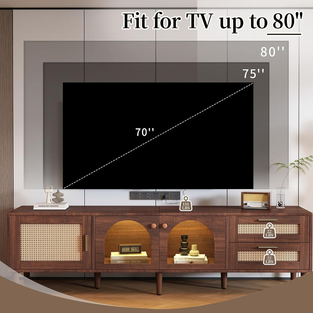 Merax Rattan TV Stand with LED Lights, 70' Entertainment Center with 3 Cabinets & 2 Drawers Media Console Table for TVs Up to 80', Solid Wood Feet, Living Room, Bedroom Furniture