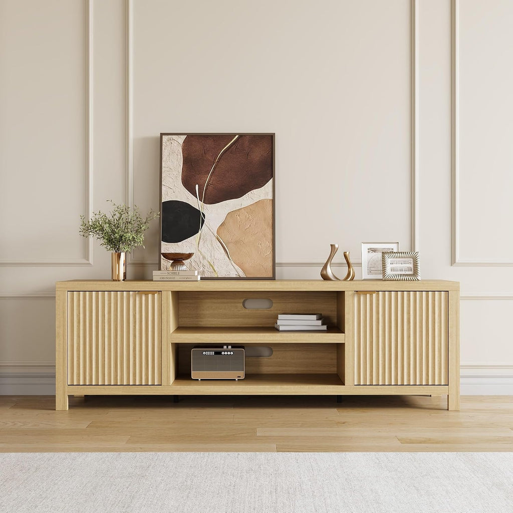 IDEALHOUSE Fluted TV Stand for 75+'', Modern Entertainment Center with 2-Tier Storage & Adjustable Shelves, Media Console Cabinet with 2 Fluted Doors & Gold Handle for Living Room Bedroom, Natural Oak