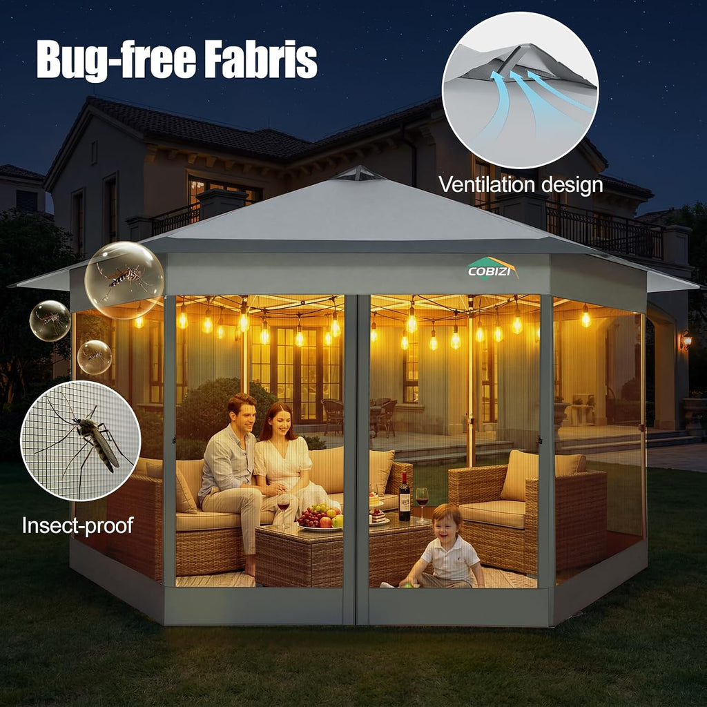 COBIZI 16x16 Pop Up Gazebo Tent with Mosquito Netting, Gazebos on Clearance, Hexagonal Outdoor Canopy Shelter, Patented Center Lock 6-Sided Portable Gazebos, Pop Up Canopy Tent for Backyard, White