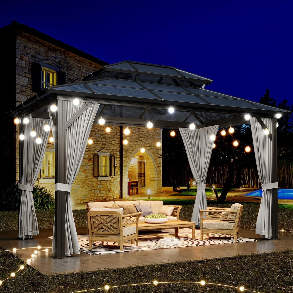 TROPOW 10×12 FT Hardtop Gazebo with Polycarbonate Double Roof, Gray Aluminum Frame Outdoor Patio Gazebo with 2 Track Curtains & Netting, Water-Drainage, UV Protection, Permanent Backyard Canopy
