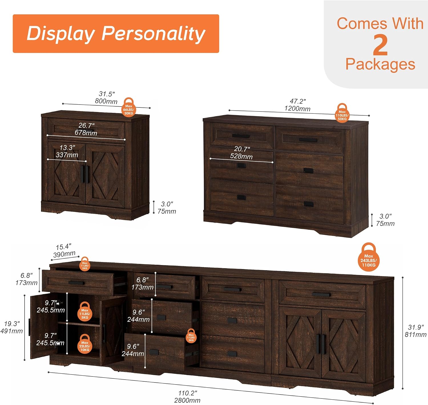 WAMPAT 110' W Large TV Stand,3-in-1 Farmhouse Entertainment Center with Storage Barn Door Cabinet,TV Console Table with Media Cabinet and Drawers for Living Room,Bedroom,Dark Brown