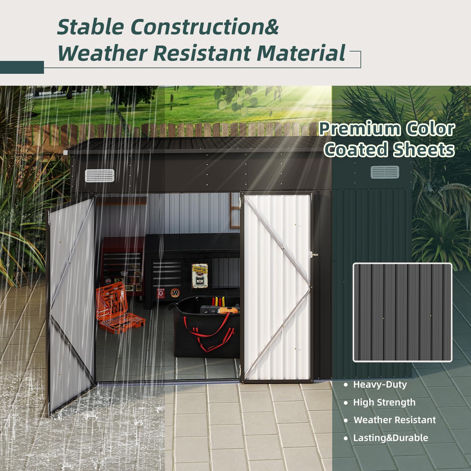 10x8ft Black Metal Tool Shed with Triple Lockable Doors, Heavy-Duty, Weather-Resistant & Rustproof Outdoor Storage for Tools, Garden Equipment, Bikes & Backyard Essentials