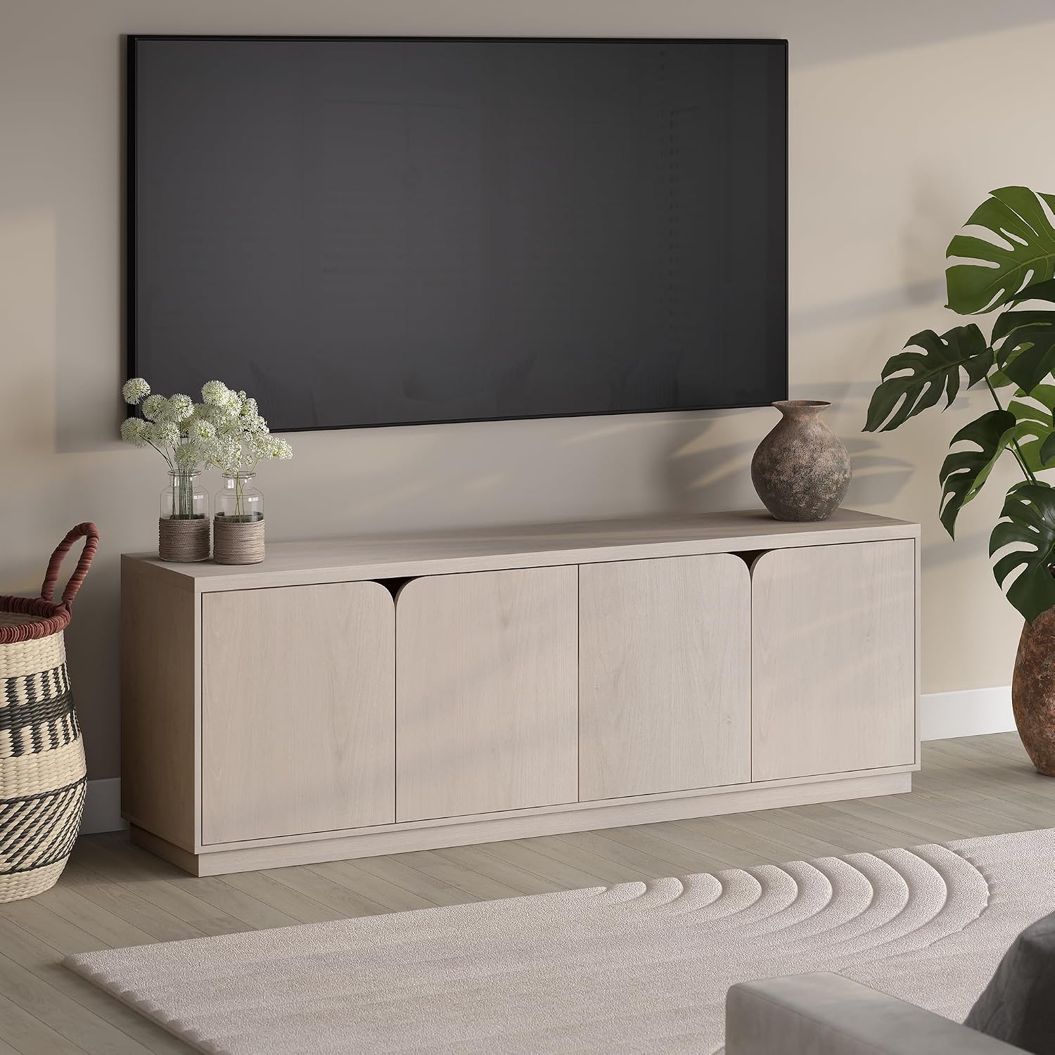 Henn&Hart TV Stand for TVs up to 78' with Concealed Storage Cabinets and Adjustable Shelves for Living Room, Family Room, or Office, Beech White