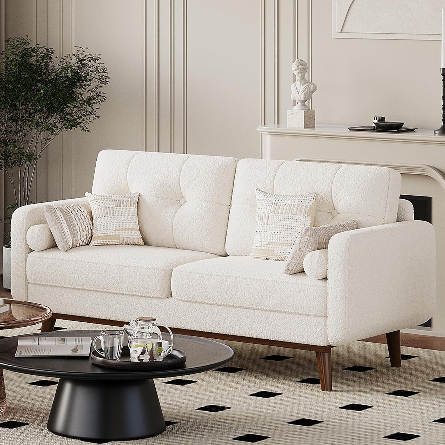 IDEALHOUSE 65' Mid Century Modern Couch Sofa Loveseat, Comfy Love Seat Couches for Living Room, 2 Seater Teddy Fleece Boucle Upholstered Deep Seat Couch for Bedroom Office Small Space, White