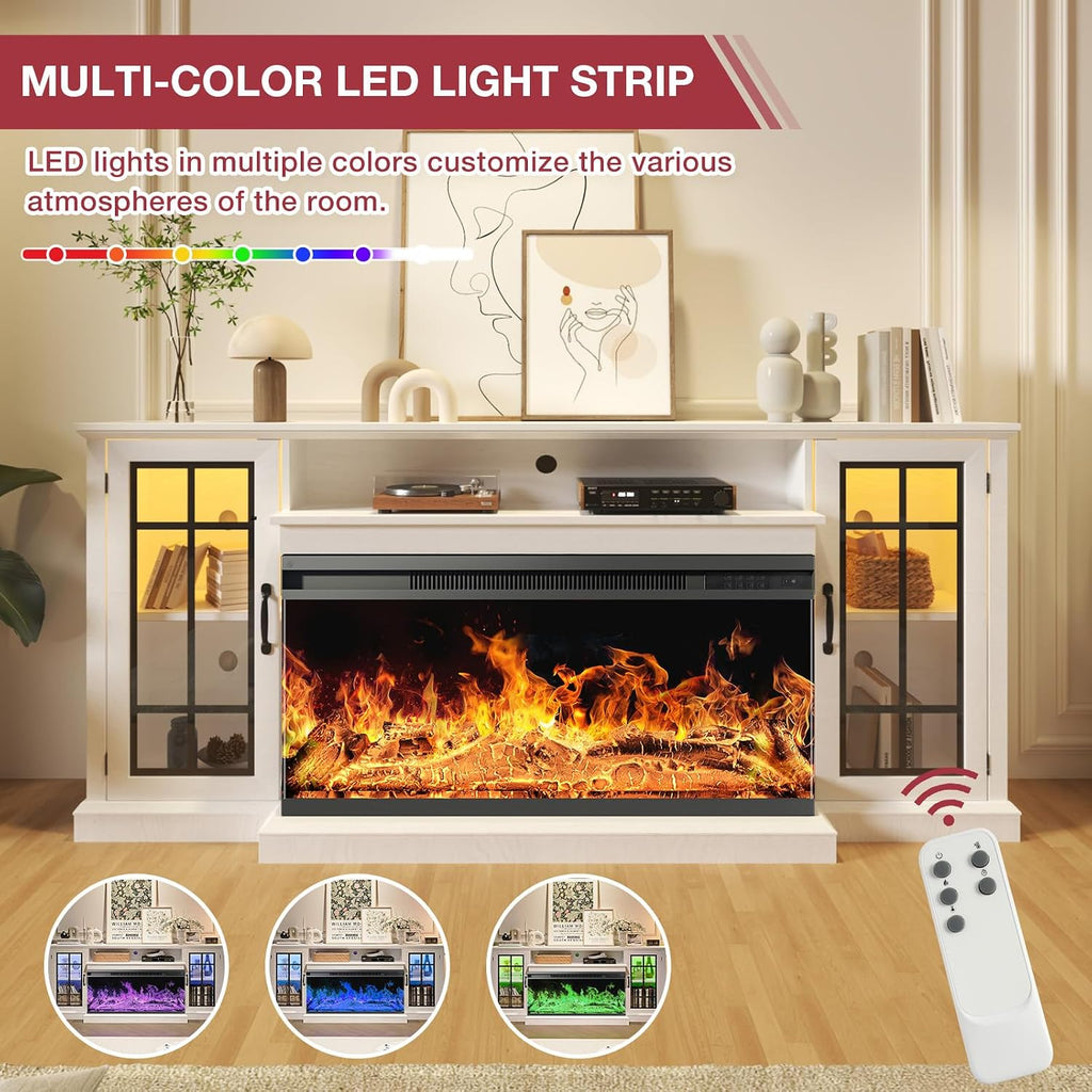 oneinmil 36 Inch 3-Sided Glass Fireplace TV Stand for TVs up to 80', Rustic Media Entertainment Center Console Table with Glass Door Closed Storage, Set of TV Table, White