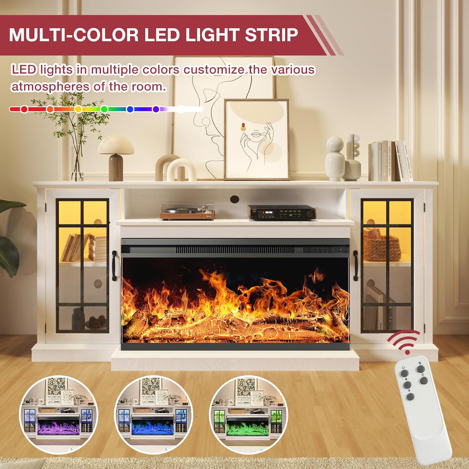 oneinmil 36 Inch 3-Sided Glass Fireplace TV Stand for TVs up to 80', Rustic Media Entertainment Center Console Table with Glass Door Closed Storage, Set of TV Table, White